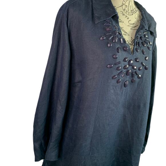 JM Collection Women's 20W Tunic Blouse 100% Linen V-neck Gem Details Holiday Top - Picture 10 of 10
